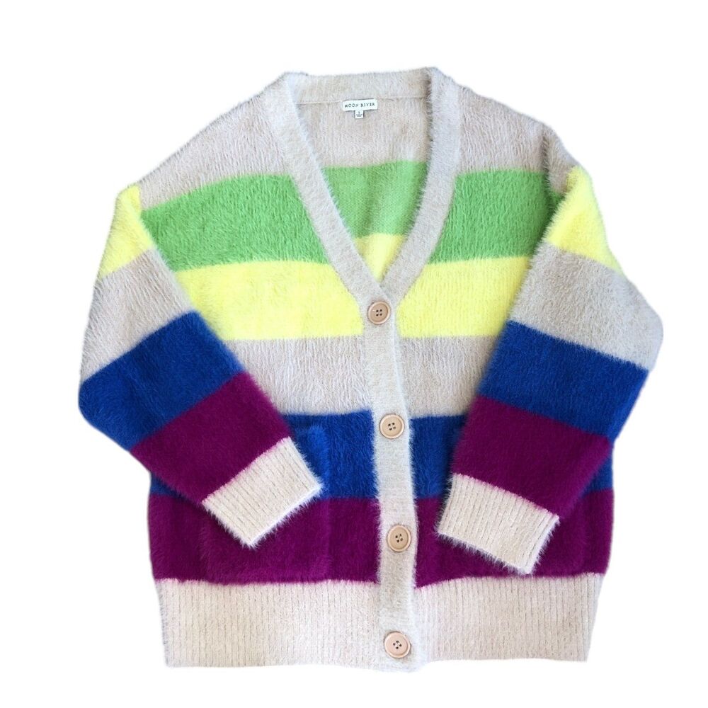 Anthropologie Moon River Women Cozy Soft Block Stripe Soft Cardigan Sweater Sz S